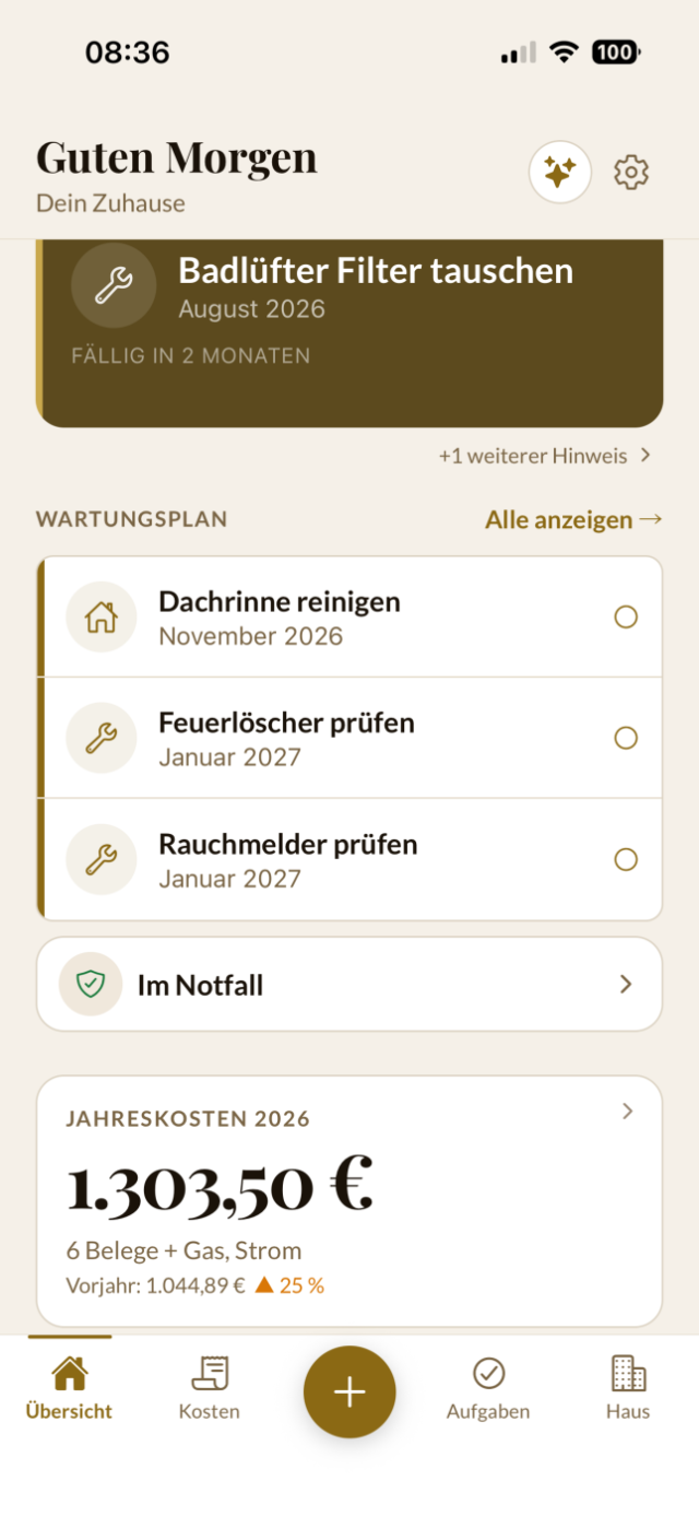 Dashboard — Hauskosten und Wartungsplan auf einen Blick