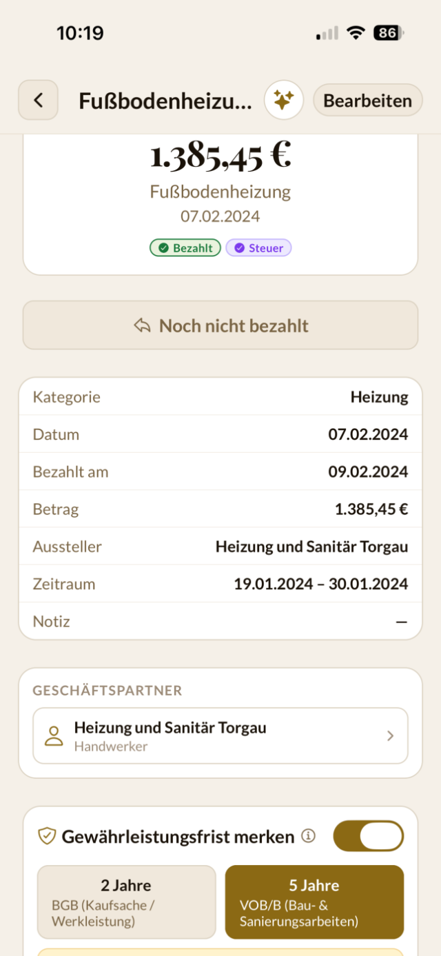 Beleg-Detail — 5 Jahre Gewährleistung automatisch gemerkt